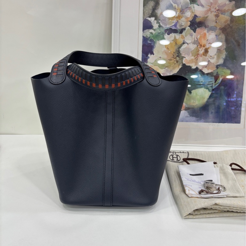 Hermes picotin 22靛藍色菜籃子編織手柄epsom皮C刻19年購證 full set-1