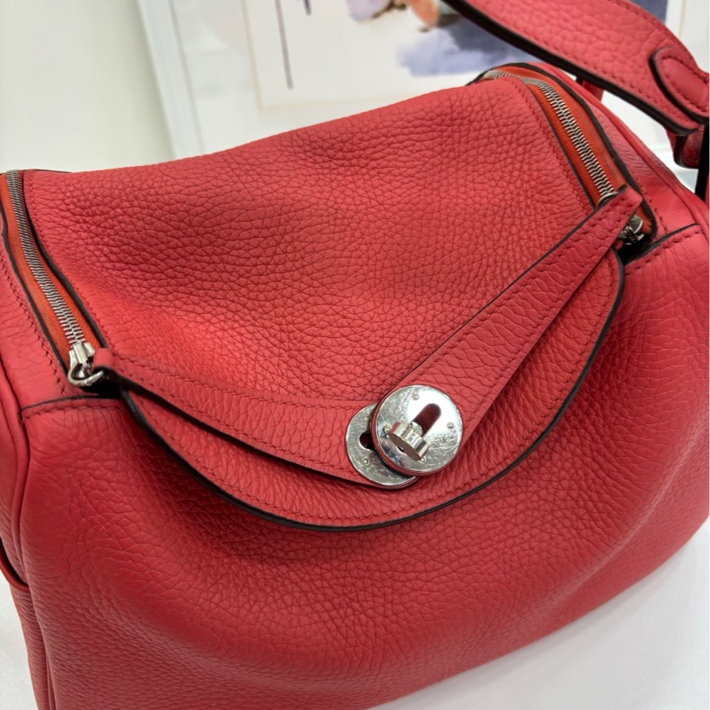 Hermes愛馬仕 Lindy26 紅色銀扣 內裡齋普爾粉 T刻-5