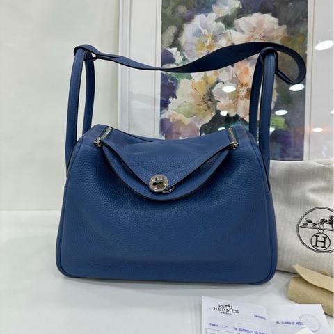 愛馬仕Lindy 30瑪瑙藍內拼海鷗灰銀扣X刻 17年購證