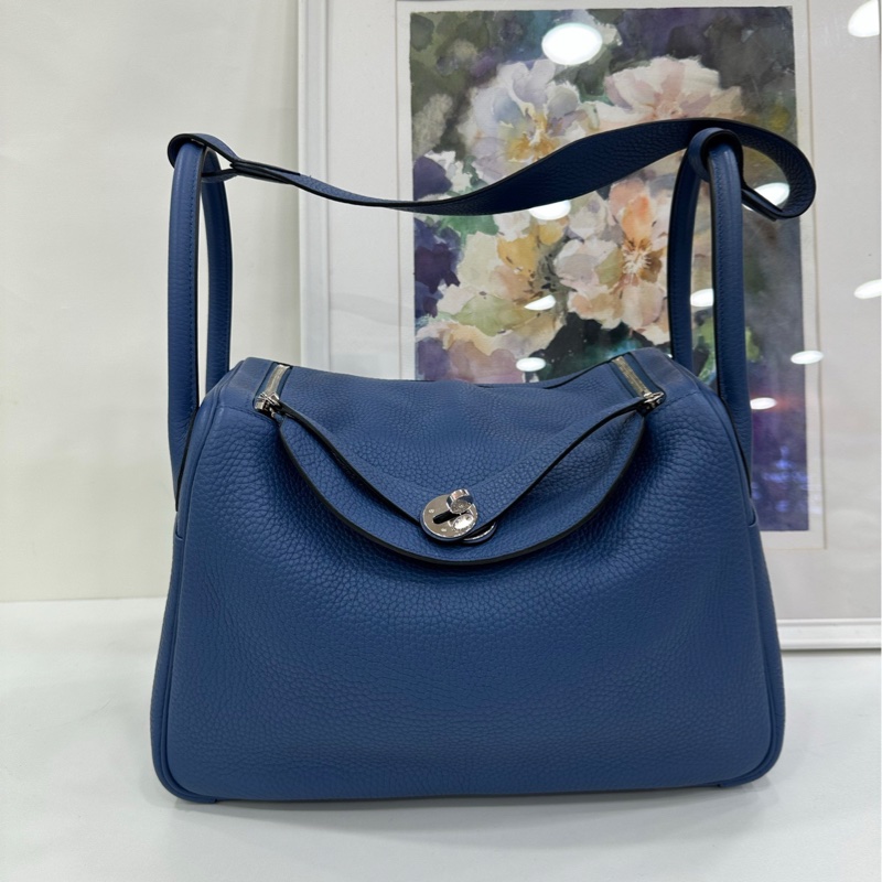 愛馬仕Lindy 30瑪瑙藍內拼海鷗灰銀扣X刻 17年購證-1