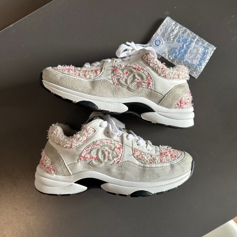 Chanel香奈兒粉色毛呢雙c熊貓運動鞋 36碼-4