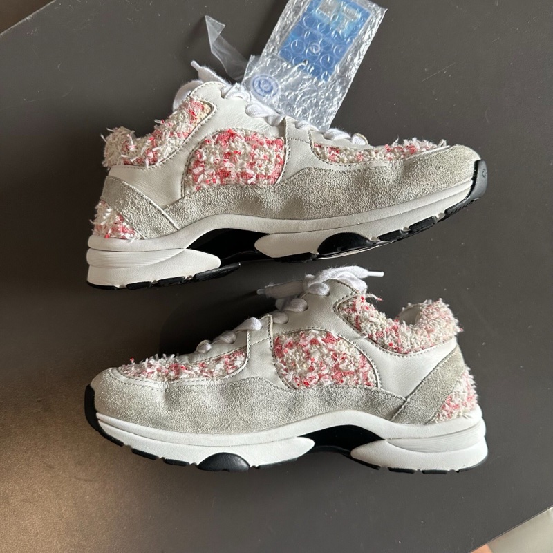 Chanel香奈兒粉色毛呢雙c熊貓運動鞋 36碼-5