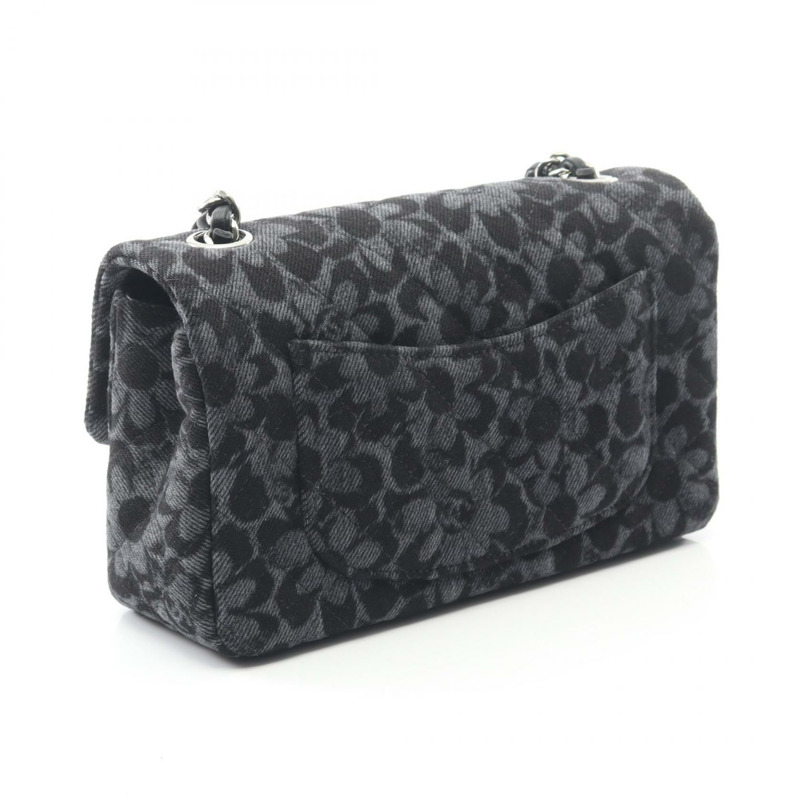 香奈兒迷你絎縫20鏈條肩背斜背包，牛仔灰黑色，銀色五金，二手-1