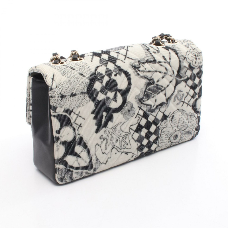 香奈兒 (CHANEL) 人字紋 V 字縫線鏈條肩背包，皮革燈芯絨材質，白色/黑色，二手，金色五金-1