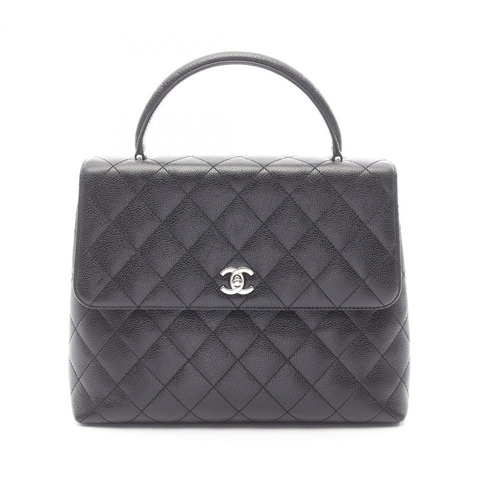 香奈兒 (CHANEL) Matelasse 頂部手柄手提包，粒面小牛皮，黑色，二手，銀色五金配件，CC