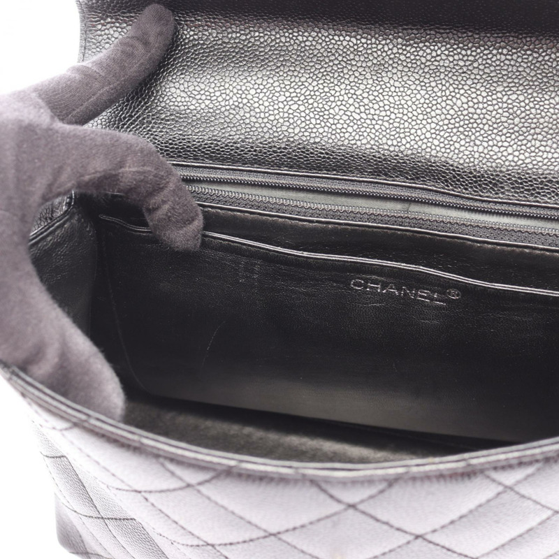 香奈兒 (CHANEL) Matelasse 頂部手柄手提包，粒面小牛皮，黑色，二手，銀色五金配件，CC-6