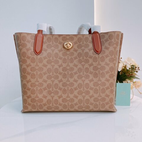 MS0656 Coach 蔻馳經典花紋單肩包包 Willow Signature Tote Canvas Tan
