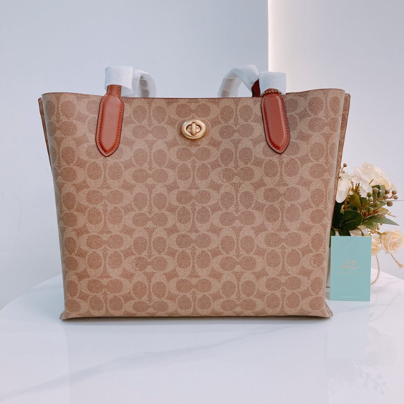 MS0656 Coach 蔻馳經典花紋單肩包包 Willow Signature Tote Canvas Tan-0