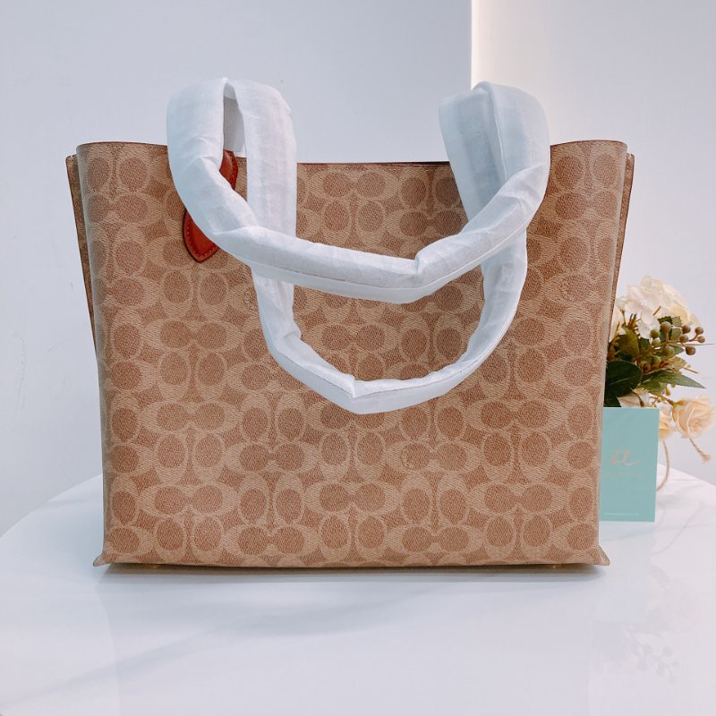 MS0656 Coach 蔻馳經典花紋單肩包包 Willow Signature Tote Canvas Tan-1