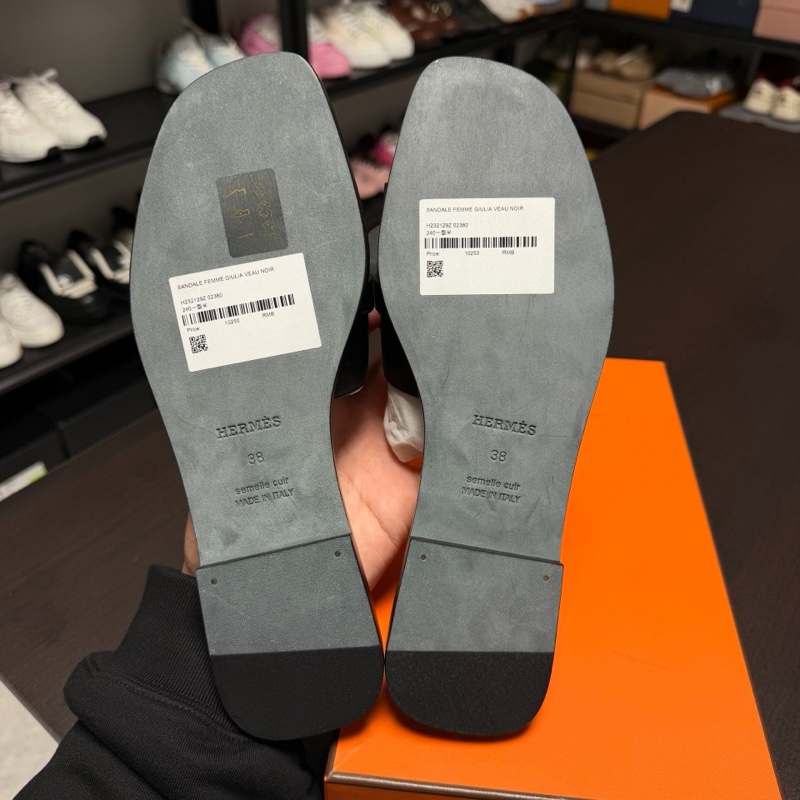 Hermes愛馬仕 giulia Kelly扣 黑色淺金扣拖鞋 38碼-3