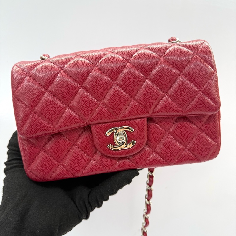 CHANEL 香奈兒 紅色荔枝紋斜背包 20CM MINI RECTANGLE FLAP A69900-0