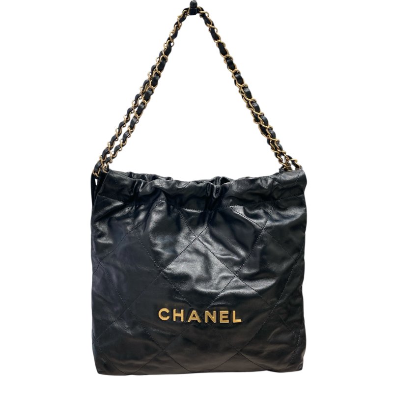 CHANEL 香奈兒 22 HANDBAG 亮面小牛皮 黑色 金釦-0