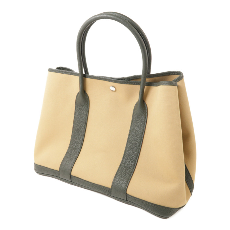 HERMES 帆布GardenParty PM銀扣手挽袋Vert Amande/Trench-1