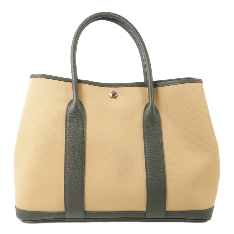 HERMES 帆布GardenParty PM銀扣手挽袋Vert Amande/Trench-2