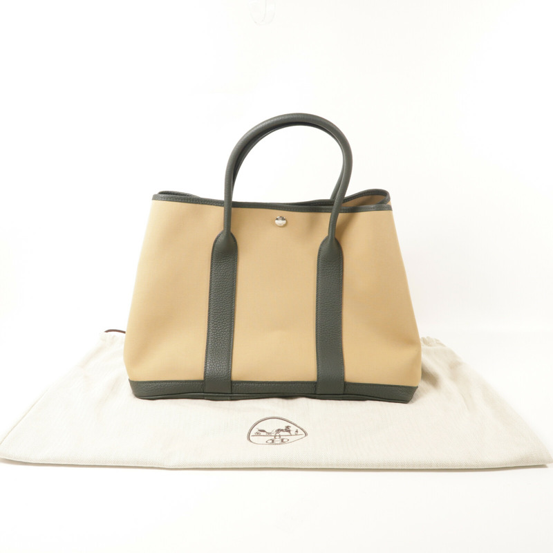 HERMES 帆布GardenParty PM銀扣手挽袋Vert Amande/Trench-9