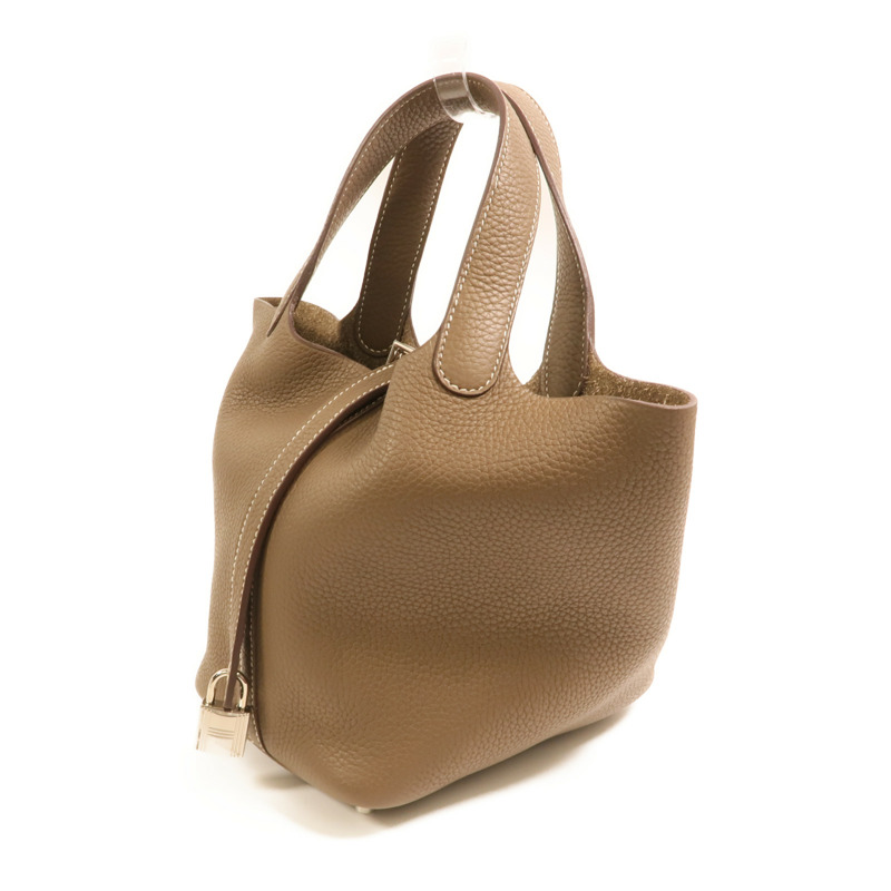 HERMES Clemence皮革Picotin PM銀扣手挽袋Etoupe-2