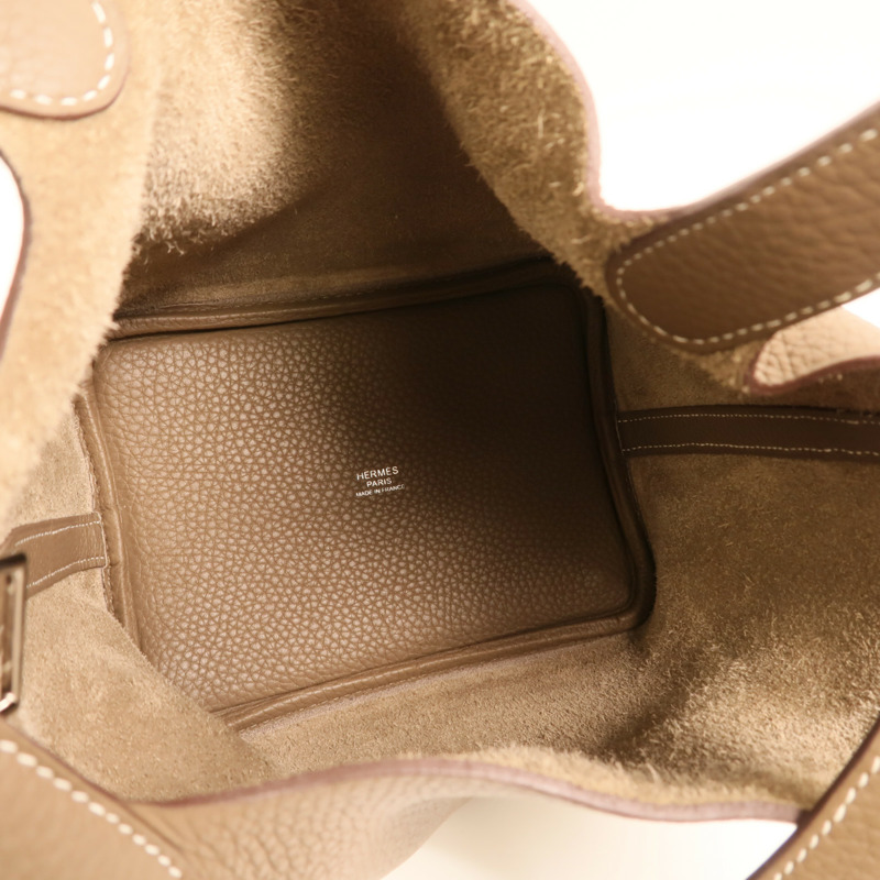 HERMES Clemence皮革Picotin PM銀扣手挽袋Etoupe-4