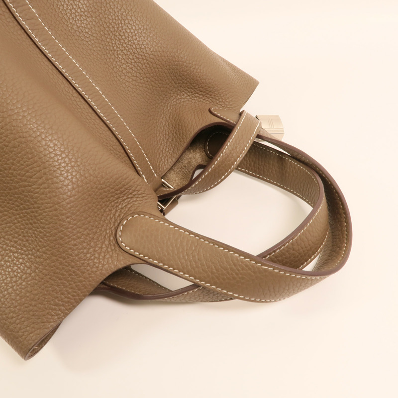 HERMES Clemence皮革Picotin PM銀扣手挽袋Etoupe-7