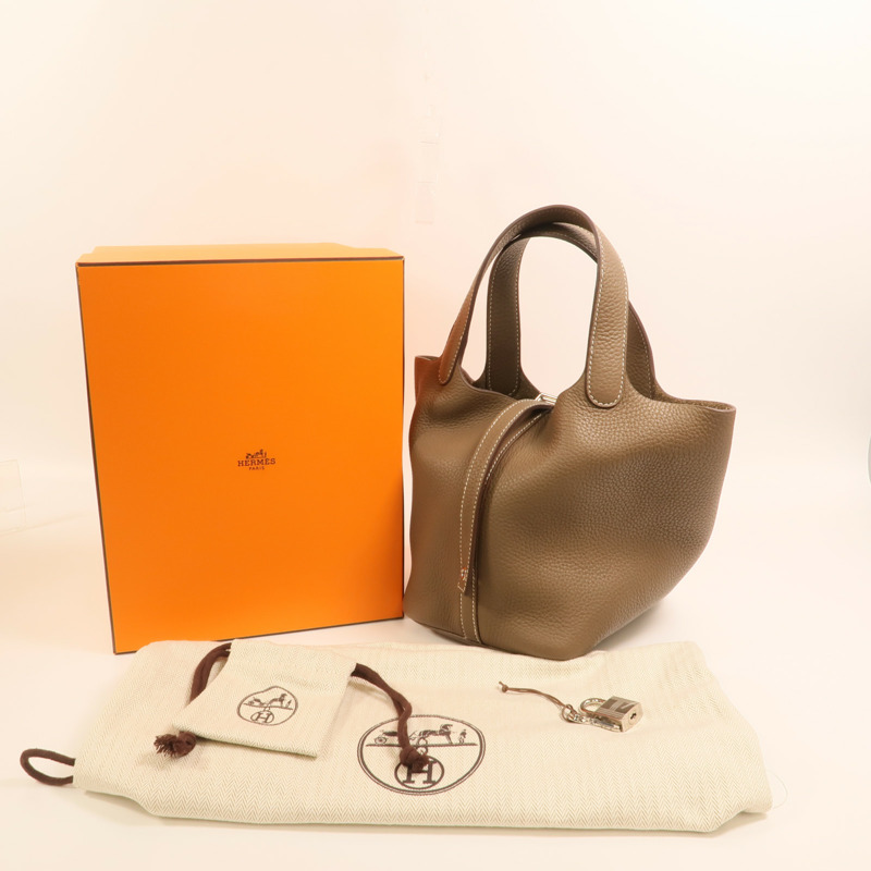 HERMES Clemence皮革Picotin PM銀扣手挽袋Etoupe-8