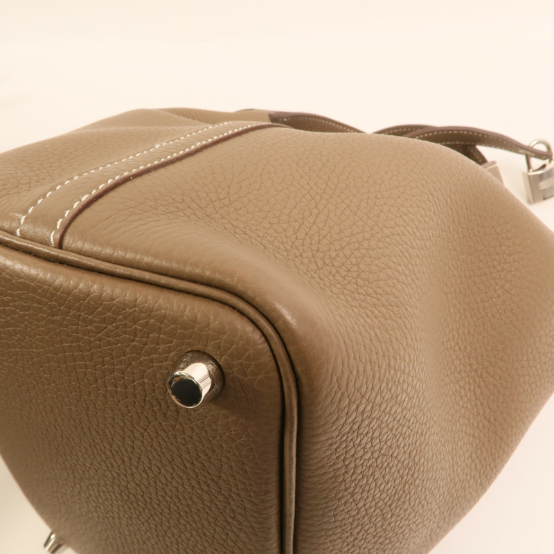 HERMES Clemence皮革Picotin PM銀扣手挽袋Etoupe-11