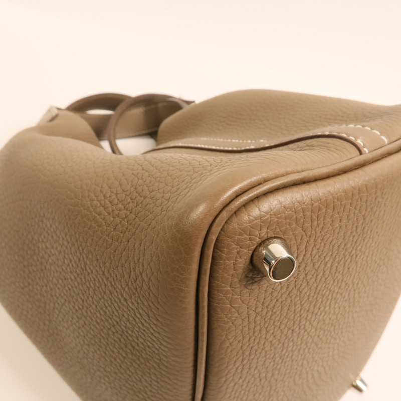 HERMES Clemence皮革Picotin PM銀扣手挽袋Etoupe-12