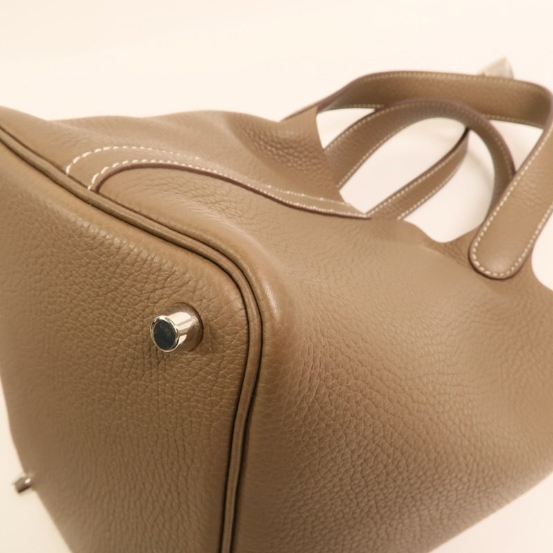 HERMES Clemence皮革Picotin PM銀扣手挽袋Etoupe-13