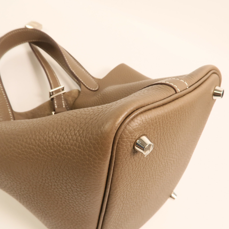 HERMES Clemence皮革Picotin PM銀扣手挽袋Etoupe-14