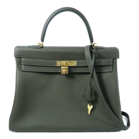 HERMES Clemence皮革Kelly 35手挽肩背兩用袋Vert Olive