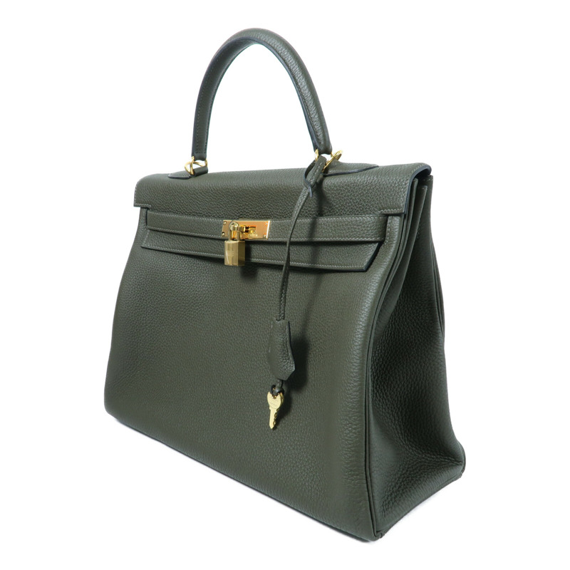 HERMES Clemence皮革Kelly 35手挽肩背兩用袋Vert Olive-1