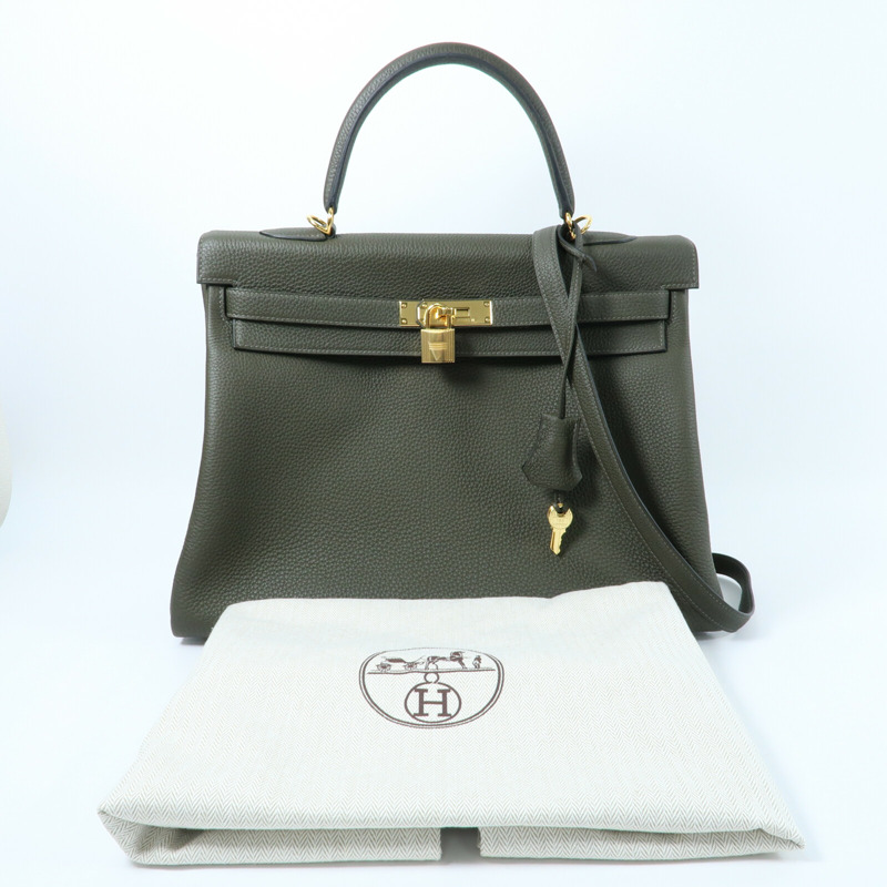 HERMES Clemence皮革Kelly 35手挽肩背兩用袋Vert Olive-10