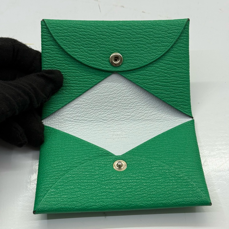 HERMES 愛馬仕 綠色Calvi撞色扣式卡包 EPSOM Z刻-5