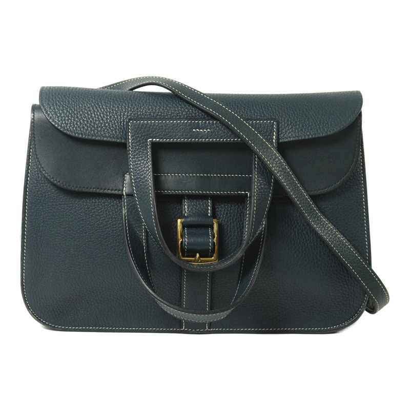 HERMES Clemence皮革Halzan 31金扣手挽肩背兩用袋Vert Cypres-0