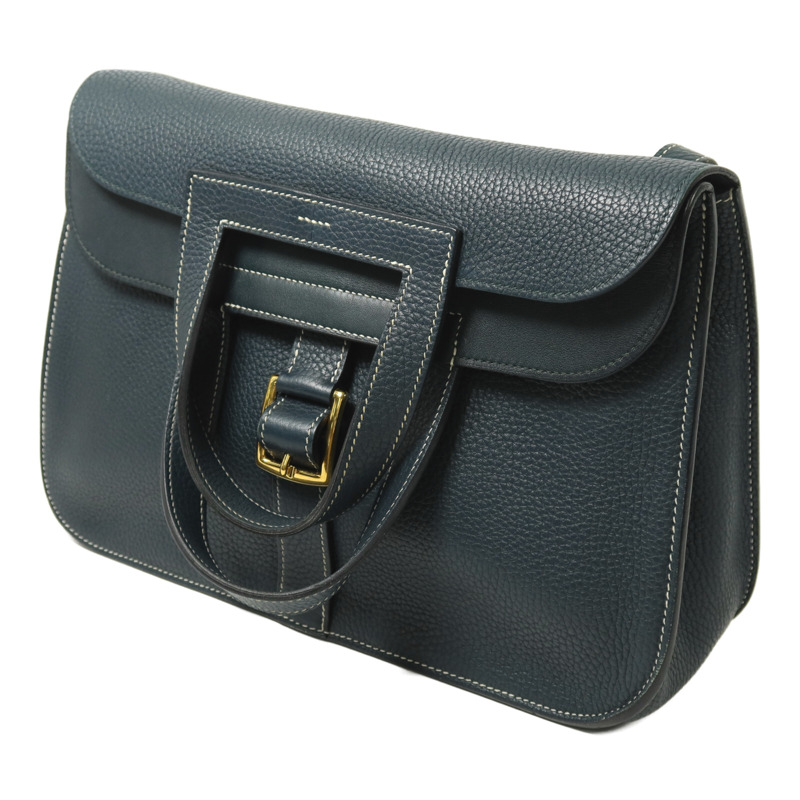 HERMES Clemence皮革Halzan 31金扣手挽肩背兩用袋Vert Cypres-2