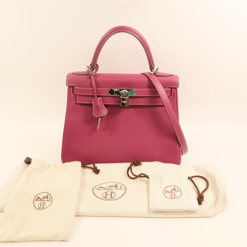HERMES Epsom皮革Kelly 28銀扣手挽肩背兩用袋 Rose Tyrien/Rose Pourpre-9