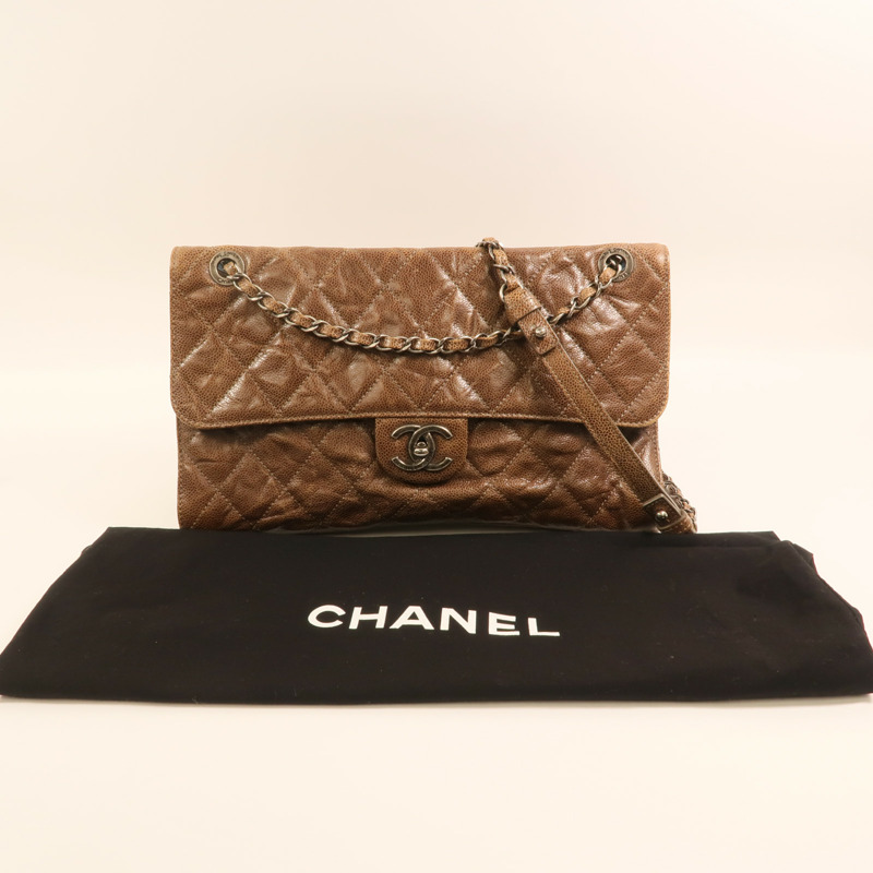 CHANEL 牛皮皮革Chain Shoulder銀扣鏈帶肩背袋-9