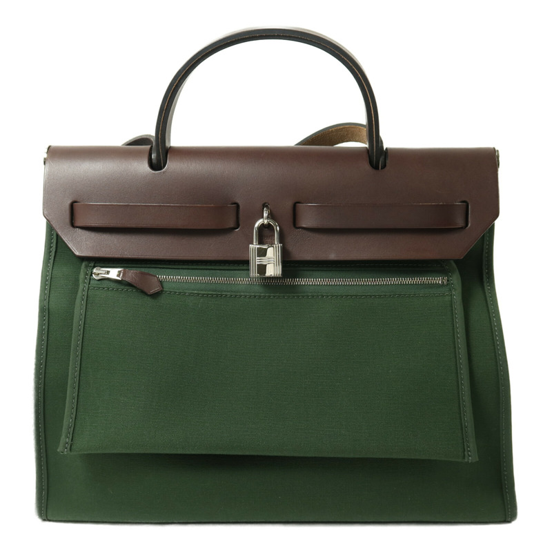 HERMES 帆布Herbag PM銀扣手挽肩背兩用袋Vert Anglais-1