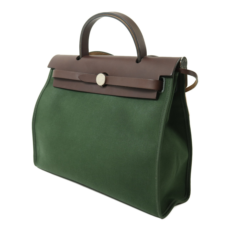HERMES 帆布Herbag PM銀扣手挽肩背兩用袋Vert Anglais-2