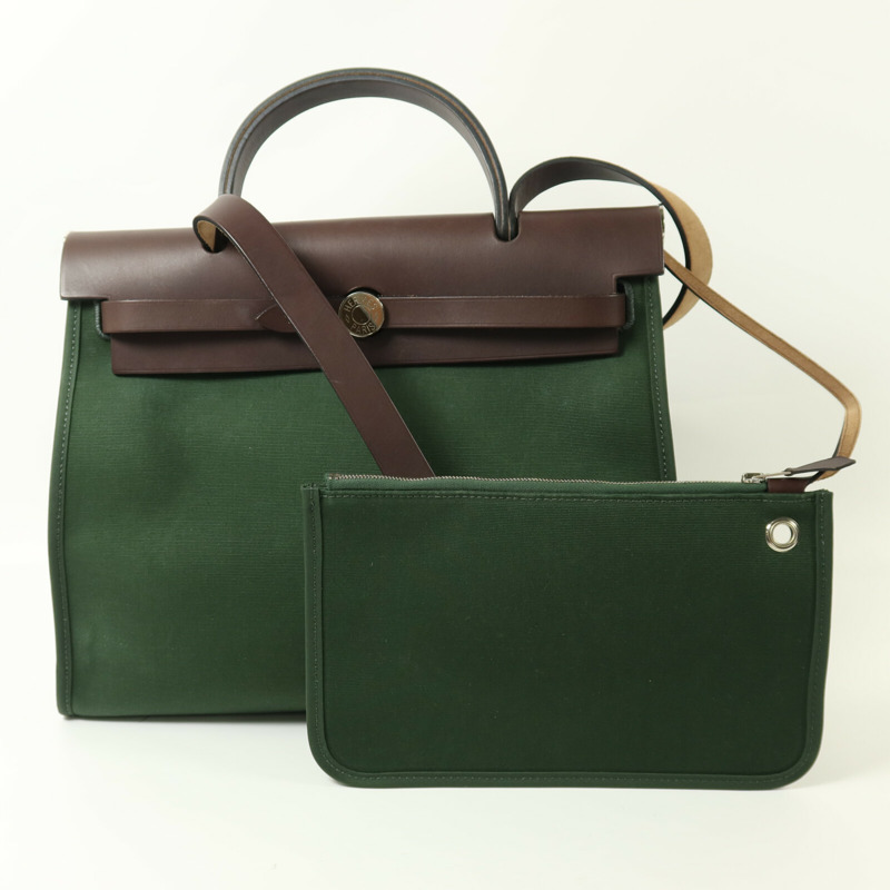 HERMES 帆布Herbag PM銀扣手挽肩背兩用袋Vert Anglais-4