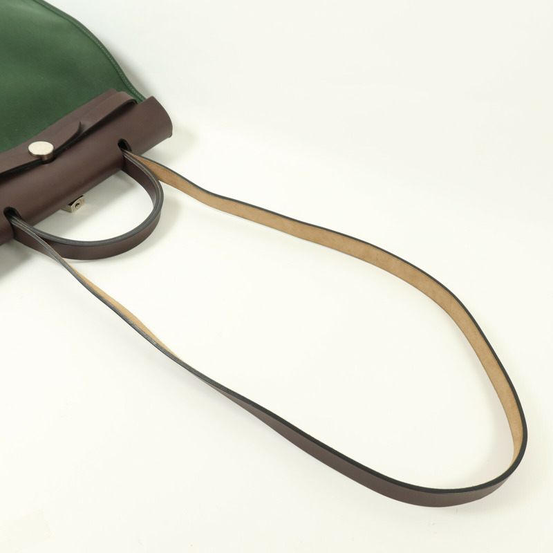 HERMES 帆布Herbag PM銀扣手挽肩背兩用袋Vert Anglais-5