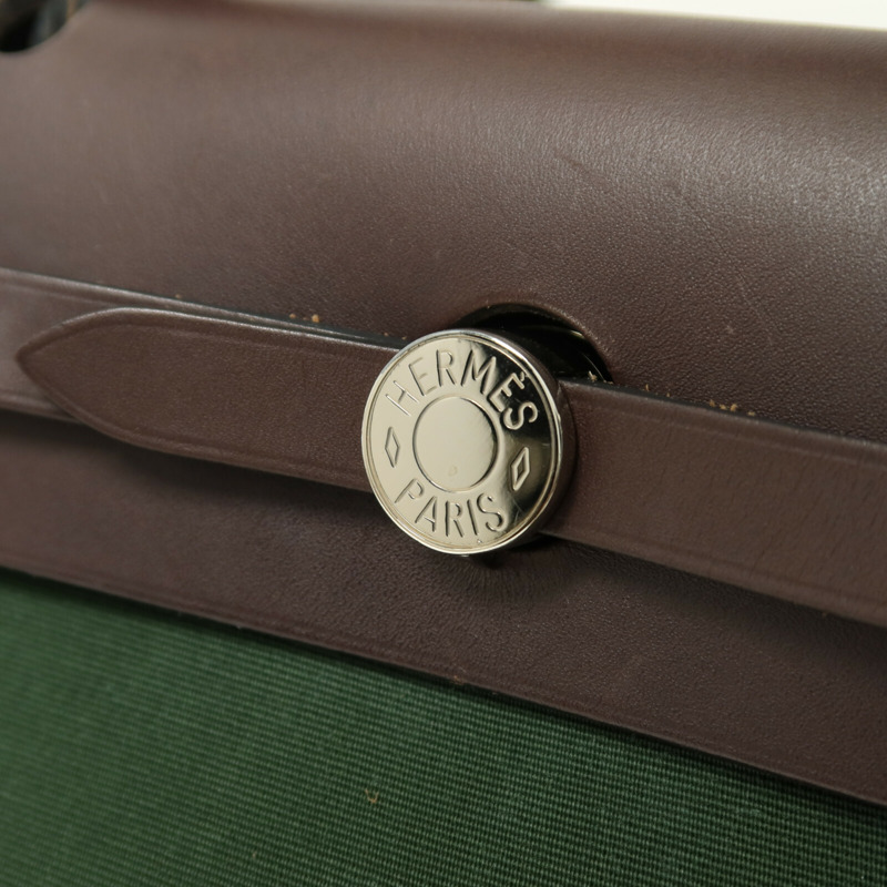 HERMES 帆布Herbag PM銀扣手挽肩背兩用袋Vert Anglais-6