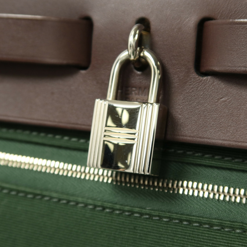 HERMES 帆布Herbag PM銀扣手挽肩背兩用袋Vert Anglais-7