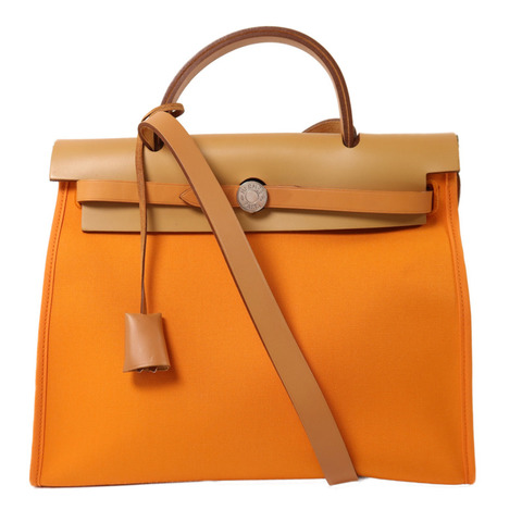 HERMES 帆布Herbag PM銀扣手挽肩背兩用袋Orange
