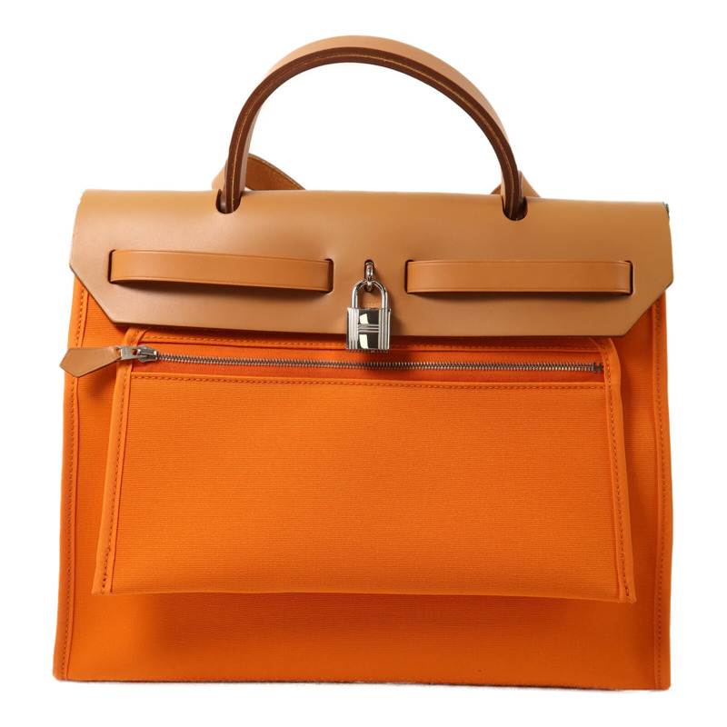 HERMES 帆布Herbag PM銀扣手挽肩背兩用袋Orange-1
