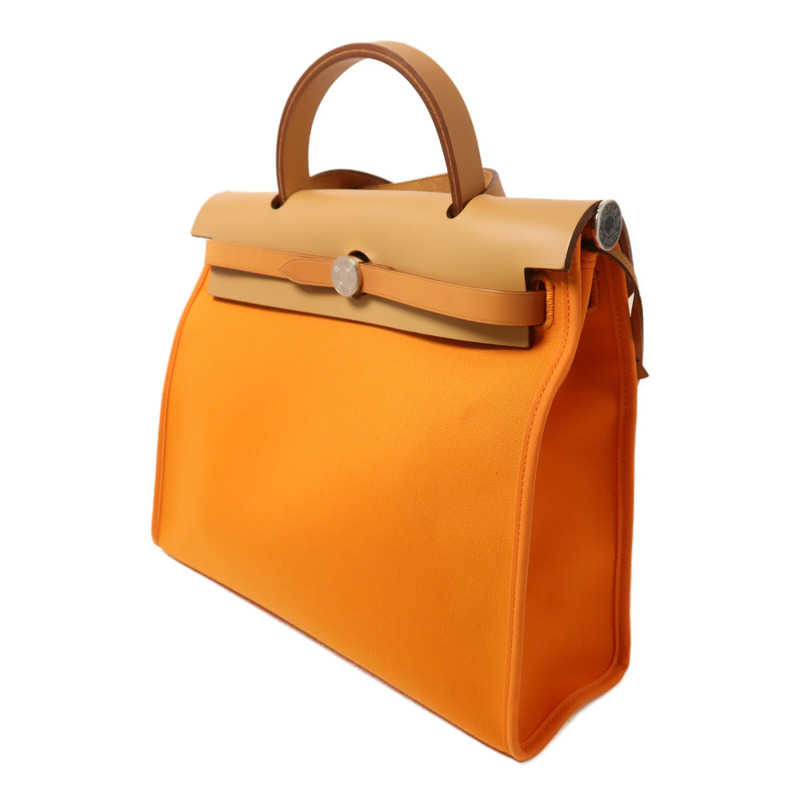 HERMES 帆布Herbag PM銀扣手挽肩背兩用袋Orange-2