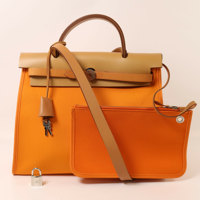 HERMES 帆布Herbag PM銀扣手挽肩背兩用袋Orange-19