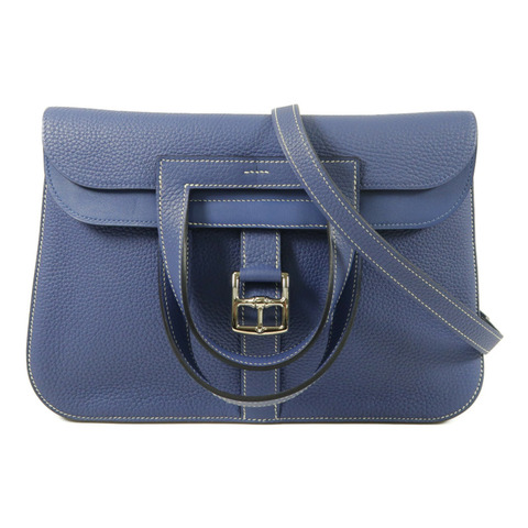 HERMES Clemence皮革Halzan 31銀扣手挽肩背兩用袋Bleu Encre