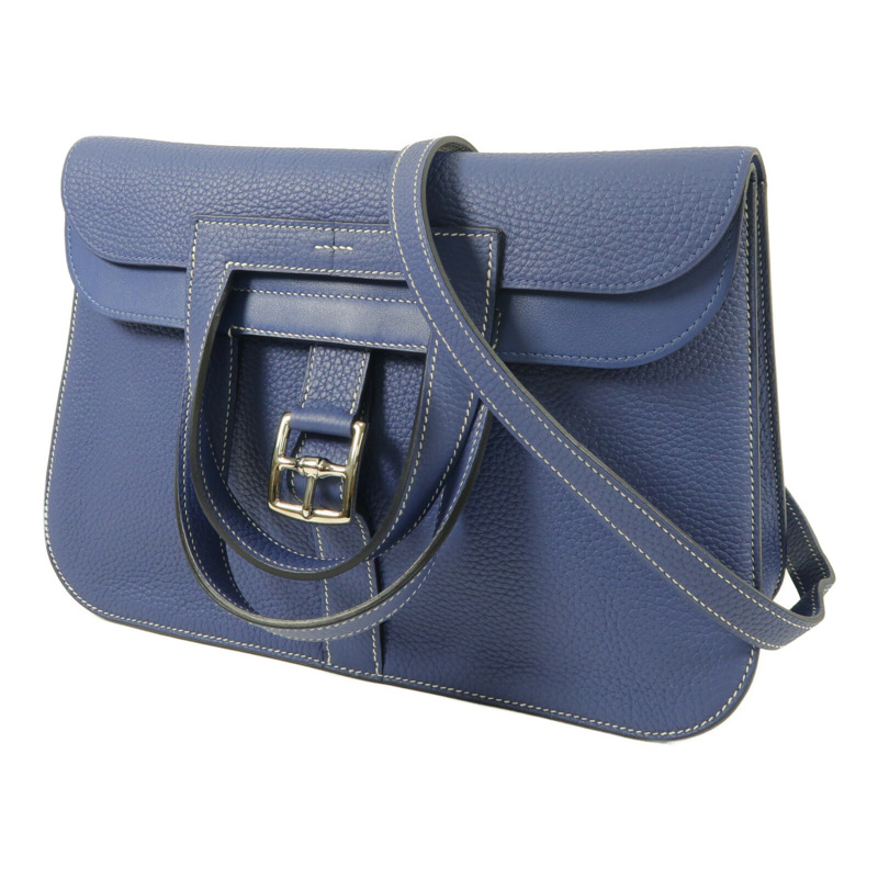 HERMES Clemence皮革Halzan 31銀扣手挽肩背兩用袋Bleu Encre-1
