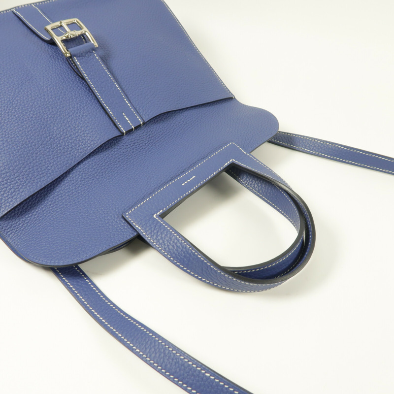 HERMES Clemence皮革Halzan 31銀扣手挽肩背兩用袋Bleu Encre-9