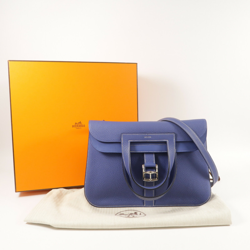 HERMES Clemence皮革Halzan 31銀扣手挽肩背兩用袋Bleu Encre-10