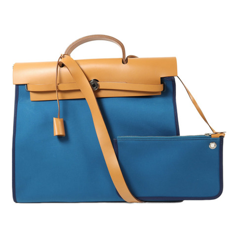 HERMES 帆布Herbag MM銀扣手挽肩背兩用袋Blue Izmir